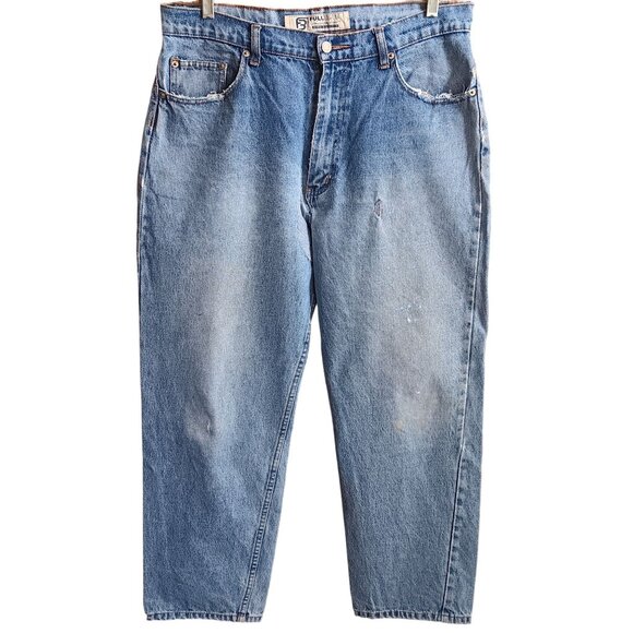 36x30 Vtg Y2K Full Blue Mens Distressed Repaired Vtg Blue Jeans Relaxed Trash - Picture 1 of 10